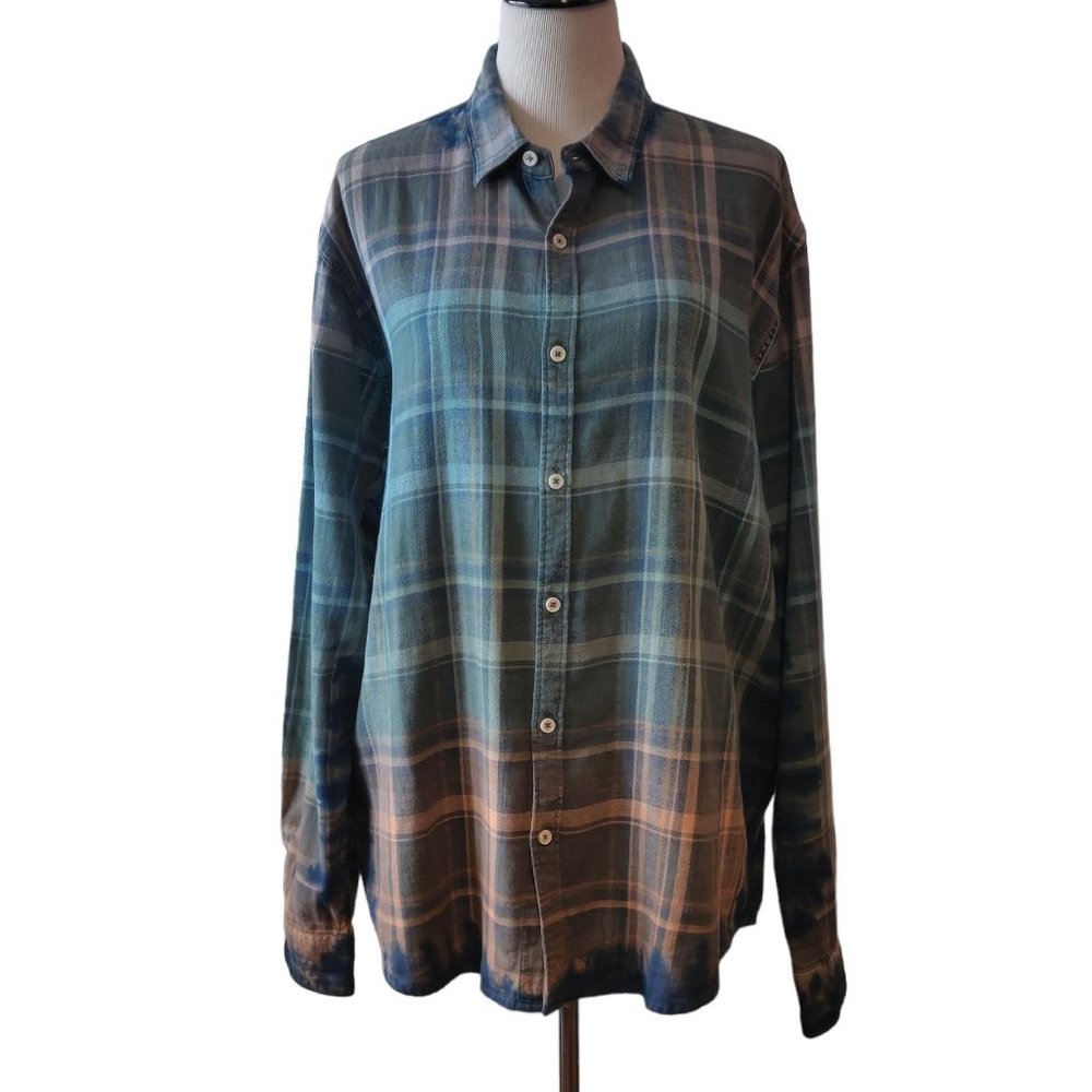 Citron Santa Monica Unisex Dip Tie Dyed Plaid Cotton Long Sleeve Shirt Top XL